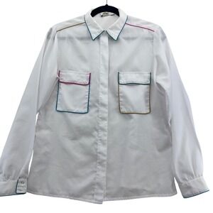 King James White Button Down Long Sleeve Shirt Colored Trim Pockets Collar Cuffs